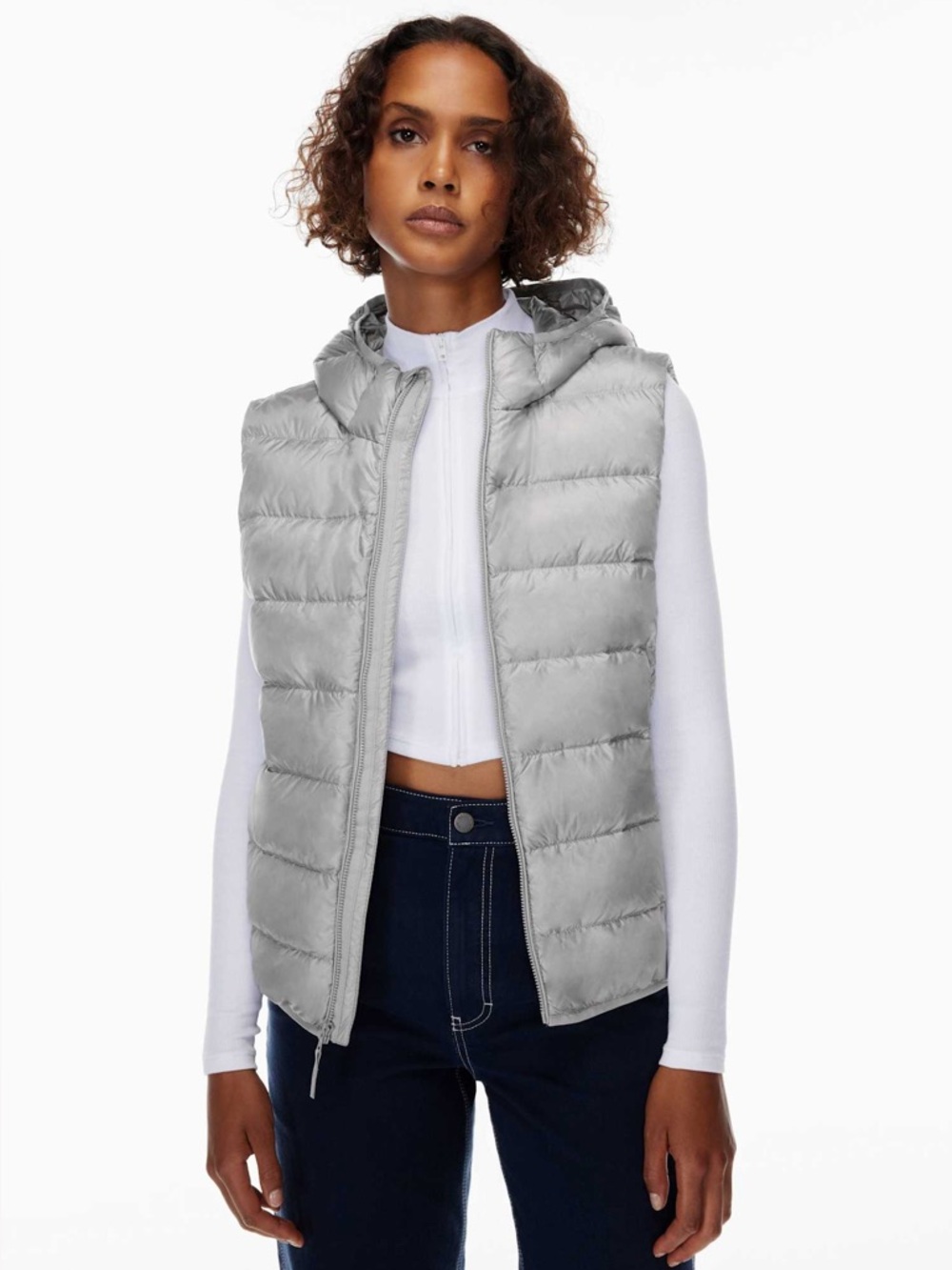 3. TNA S The Little Puff Vest Marble Gray Packable Down Hooded